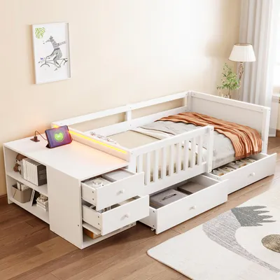 Produktbild von MODFU Kinderbett 90x200 mit halboffenem Sicherheitsgitter,Jugendbett mit Schreibtisch- und Stauraumfunktion,Daybett mit LED,Steckdose und Schubladen,ohne Matratze,Weiß