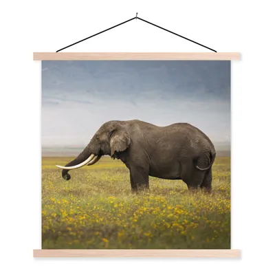 Produktbild von MuchoWow® Textilposter Elefant - Tiere - Blumen - Gras - Natur 120x120 cm mit holzfarbenen Rahmen - Textil-Poster