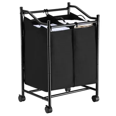 Obrázek produktu pro SONGMICS Koše na prádlo se 2 kapsami, 90 l, černé, skládací, 2 × 45 l, železný rám, polyesterová schránka na prádlo, třídič prádla, vozík na prádlo, sběrný koš na prádlo LSF002BK
