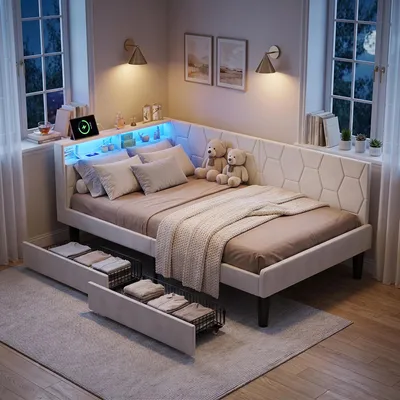Obrázek produktu pro Postel INONEFT, čalouněná, rozkládací, 90x200 cm, dětská/jednolůžková postel s USB/C porty a LED osvětlením, rozkládací pohovka s úložným prostorem (2 zásuvky) a roštem, samet, béžová barva