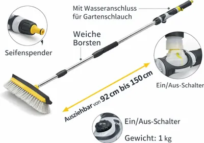 Produktbild von Waschbürste Teleskop 92–150 cm – Reinigungsbürste mit Wischer & Seifenspender – ideal für LKW, Wohnmobil, Auto & Caravan – stabile Teleskopstange