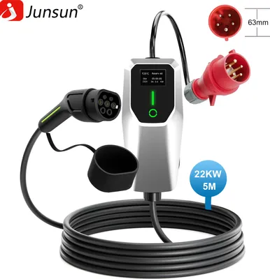 JUNSUN Typ 2 Ladekabel CEE32A-Stecker 22kW[3-phasig, 5m, 6-32A], EV Ladegerät mit Steuerbarer Digitalanzeige für Elektroauto