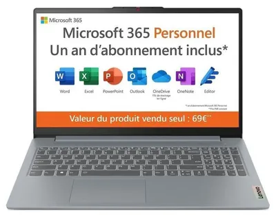 Immagine prodotto di Laptop Lenovo IdeaPad Slim 3 15AMN8, schermo da 15 pollici con risoluzione FHD, processore AMD Athlon 10, 8 GB di RAM, SSD da 128 GB, sistema operativo Windows 11 S, tastiera AZERTY
