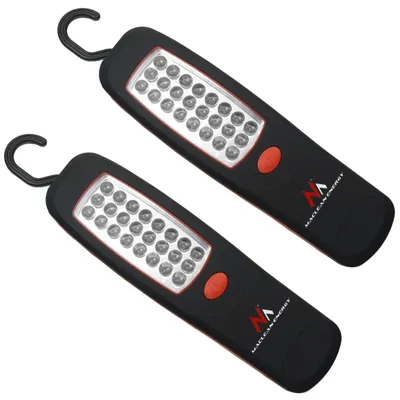 Two black work lights with LED lights and hooks, displayed on a white background.