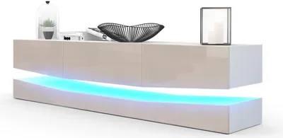 Produktbild von Vladon Lowboard City, Germany, TV-Kommode mit Sockelelement, 1 offenem Fach und 3 Schubkästen, Weiß matt/Sandgrau Hochglanz, inkl. LED-Beleuchtung (178 x variabel x 39 cm)