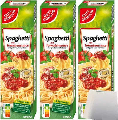 Produktbild von Gut & Günstig Spaghetti mit Tomatensauce und geriebenem Hartkäse 3er Pack (3x397g Packung) + usy Block