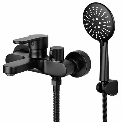 Produktbild von Badezimmerarmatur, schwarz, Badarmatur mit Handbrause, Mischarmatur, Badewanne mit Duschfunktion, Standarmatur, Badezimmerarmatur, Duscharmatur mit Duschkopf, 3 Funktionen, Wandmontage, 150 mm