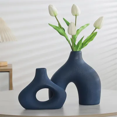 Produktbild von Blaue keramische Vase, Set von 2 für moderne Wohnkultur, runde matte Donut-Vasen für Pampasgras, neutrale Boho-Scandinavische minimalistische Stil, Blumenvasen für Wohnzimmer, Hochzeit