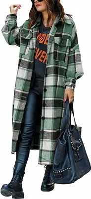 Produktbild von ASKSA Damen Kariertes Lange Hemdjacke Taschen Knöpfen Langarm Holzfällerjacke Mantel, A Grün, 2XL
