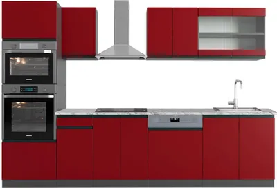 Produktbild von Küchenzeile Vicco R-Line Rot 300 cm  J-Shape mit Hochschrank, AP Marmor, Model 43196