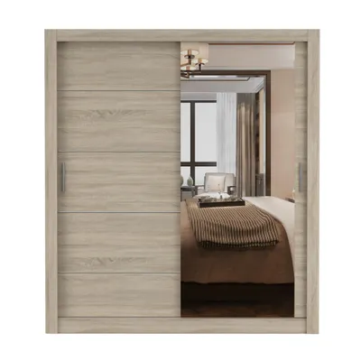 Produktbild von Schwebetürenschrank LION, Schlafzimmer, Kleiderschrank Schrank 180 cm Sonoma Eiche/Sonoma Eiche mit Spiegel, alufarbene PVC-Griffe
