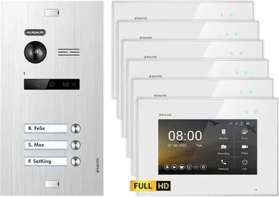Produktbild von BALTER EVO HD Unterputz Silber 6x7" Monitor Weiß Video Türsprechanlage Set 3 Teilnehmer