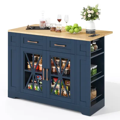 Obrázok produktu pre Kuchynský ostrov na kolieskach, 120x65x92 cm, s výklopným jedálenským stolom, zásuvkou, USB portom, sklenenými dvierkami, modrej farby, v prírodnom dizajne