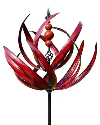Produktbild von Garten Windspiel Metall 90cm Lotus Design, stabiler Windspinner mit Kugellager 360°, einfache Gartendeko für Außenbereich, Rot