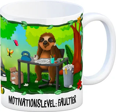 Produktbild von Kaffeebecher mit Faultier Motiv und Spruch: Motivationslevel: Faultier Becher