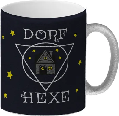 Produktbild von Dorfhexe Glitzer-Kaffeebecher mit Hexenhaus Motiven