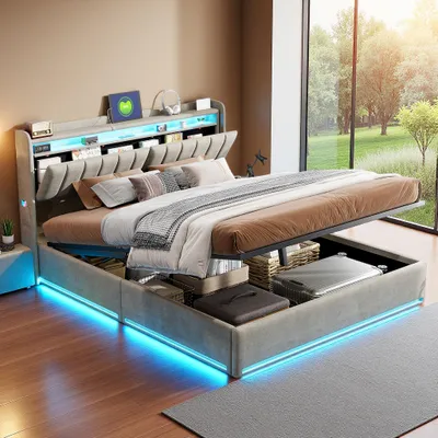 Image de INONEFT, lit rembourré 140x190, lit moderne pour jeunes avec LED et port USB, lit avec espace de rangement hydraulique et sommier à lattes, revêtement en velours gris, sans matelas