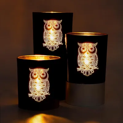 Produktbild von Teelichthalter Eule - 3 Stück - Schwarz-Gold - Kerzenhalter - Glas - Windlicht - Romantische Teelichthalter