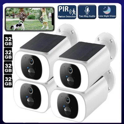 Obrázek produktu pro 2K 3MP venkovní solární bezpečnostní kamera s PIR detektorem pohybu, barevným nočním viděním, obousměrným zvukem, IP65 32GB 4X