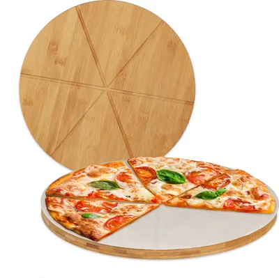 Image de Lot de 2 planches à pizza en bambou Relaxdays, assiettes à pizza rondes de 33 cm de diamètre, papier de cuisson inclus, planche à pizza rainurée, couleur naturelle