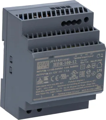 Imagen del producto de MEAN WELL HDR-100-12, 85 - 264 V, 100 W, 12 V, 7,1 A, cumple con la normativa RoHS, 70 mm