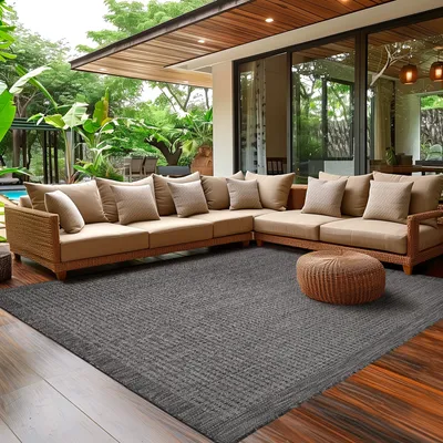 Produktbild von Outdoor Teppich Wetterfest Terrasse Balkon Garten Küchenteppich Flachgewebe Sisal Look Waschbarer Teppich, Schwarz Größe: 240 x 340 cm