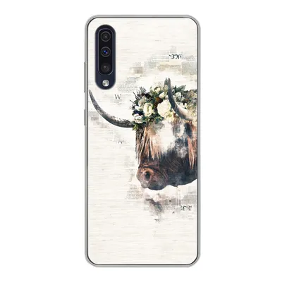 Produktbild von MuchoWow® Handyhülle Schutzhülle Hülle für Samsung Galaxy A30s Schottischer Highlander - Rauch - Blumen Silikon Softcase Handy Hülle - Karteninhaber