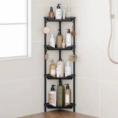 Image de Étagère de douche autoportante, en acier inoxydable, noire, avec 4 pièces, étagère d'angle, sans perçage, avec crochets