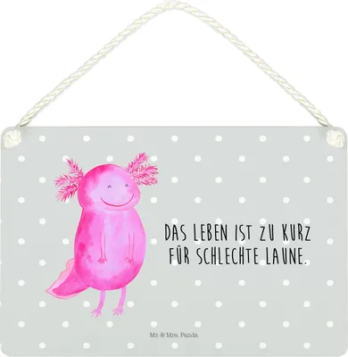 Produktbild von Mr. & Mrs. Panda Schild Axolotl Glücklich DIN A4 - Grau Pastell - Geschenk, Dekobrett, Lebensfroh, Wandbild Holz, Lurch, gut Gelaunt, Türschild, holzbild, Schwanzlurch