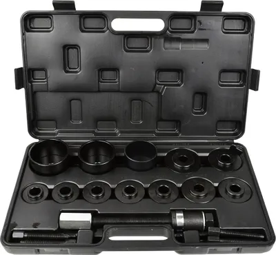 Immagine prodotto di Kit rimozione cuscinetti ruota anteriore, boccole, piastre manicotti e custodia ,set di attrezzi per cuscinetti ruota, strumento estrattore di mozzi ruota cuscinetti sferici, kit di smontaggio per Vw Audi Opel Fiat Bmw Ford