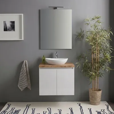 Immagine prodotto di Mobile bagno sospeso 60cm bianco lucido top rovere naturale, specchio e lampada | Benaco