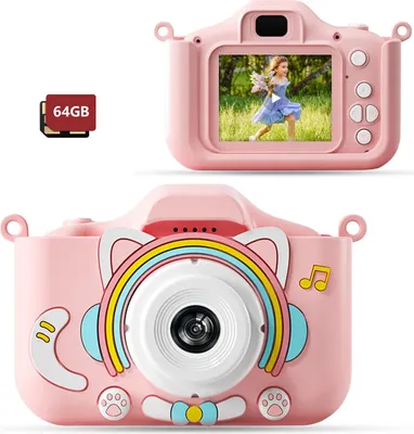 Produktbild von Dětský fotoaparát, digitální fotoaparát s 2,0palcovým displejem, nerozbitný 1080P HD fotoaparát, vhodný pro dětské dárky, dětské hračky, 64GB, růžový