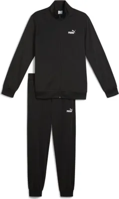 A black Puma tracksuit is laid out flat against a white background.