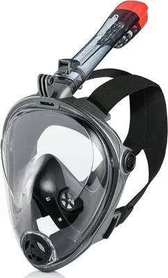 A full-face snorkel mask with a red snorkel attachment is shown against a white background.