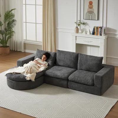 Obrázek produktu pro okwish Modulární Rozkládací postel/Relaxační křeslo Chaiselongue s dvojitým polštářem, L-postel s třemi polštáři, bez rámu, bez montáže, Šedá