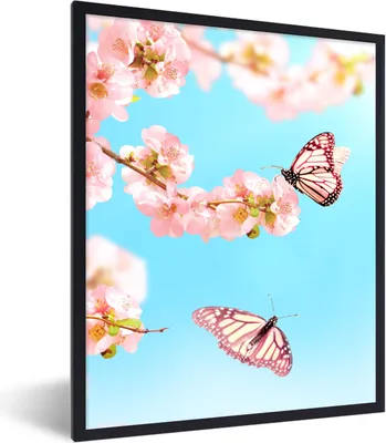 Produktbild von MuchoWow® Gerahmtes Poster Schmetterlinge - Baum - Blumen 60x80 cm - Poster mit Schwarzem Bilderrahmen Wandposter Rahmen Foto Bilder - Premium - Wanddeko Wohnzimmer