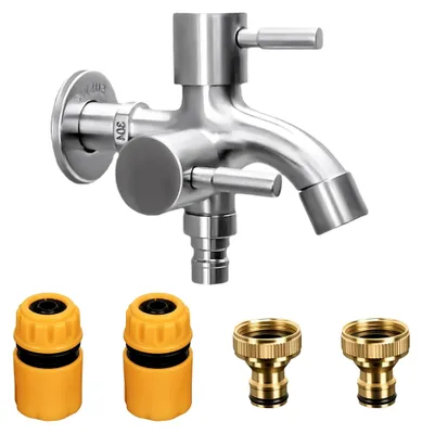 Produktbild von Garten Wasserhahn Universal Doppel Auslaufhahn 1/2 Zoll aus Messing, rost- und frostbeständig, mit 2 Schlauchanschlüssen und 1 Rollendichtband, für Waschmaschine, Garten, Küche, Bad