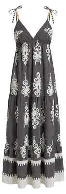 Produktbild von Langes Damenkleid im Bohème-Stil, hochtailliert, V-Ausschnitt, trägerlos.
