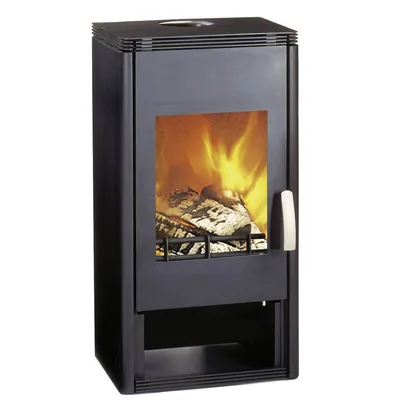 A black freestanding fireplace with a glass door showing a simulated fire.
