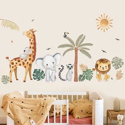 Productafbeelding van Boho Jungle Dieren Wandstickers - Safari Muurdecoratie met Olifant, Giraffe en Leeuw - Peel and Stick PVC Wanddecoratie voor Babykamer e
