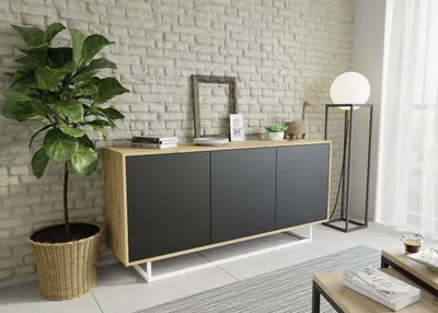 A modern living room with a sideboard, a plant, and a floor lamp.