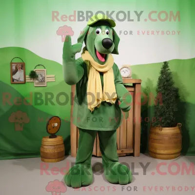 Productafbeelding van Mascot REDBROKOLY karakter van een groene hond gekleed met een tuinbroek en sjaals