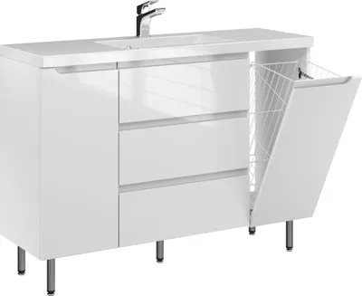 Produktbild von FURNI Waschtischunterschrank ETH 140 - Weiß Hochglanz - Stehender Badschrank mit Mineralguss-Waschbecken - Griffmulden - Vormontiert
