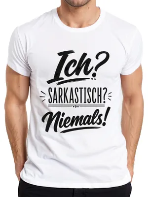 Zdjęcie produktu dla Ja? Sarkastyczny? Nigdy! Koszulka męska z napisem "Humor, ironia, sarkazm", kolor biały, rozmiar S
