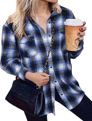 Produktbild von ASKSA Damen Bluse Casual Kariert Hemdjacke Knöpfe Langarmshirt Plaid, Blau, L