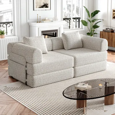 Produktbild von Chenille-Schlafsofa 2-in-1 mit Staufach in der Armlehne, drei Metallrahmen und mehreren Konfigurationsmöglichkeiten.2pcs