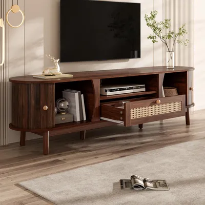 Produktbild von MODFU TV-Schrank Fernsehbank mit Türen und Schubladen,Aufbewahrungslösung Lowboard im Landhausstil mit Massivholztüren aus Rattan,Walnuss