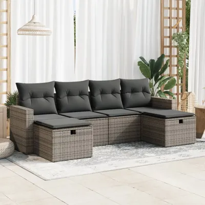 Produktbild von Design 6-tlg. Garten-Sofagarnitur mit Kissen Grau Poly Rattan, Gartenmöbel-Sets 2024 Neu