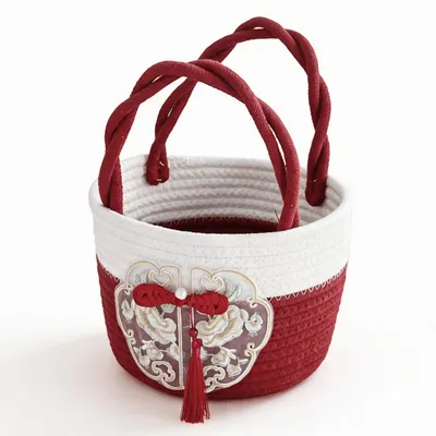 Image de Panier portable – Tressé avec une anse – Pour le rangement et le transport – Rouge