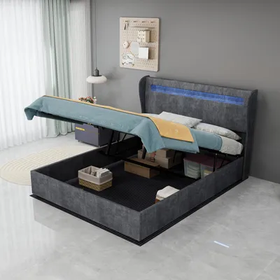 Obrázek produktu pro Postel s čalouněnou konstrukcí, rozměry 160x200 cm, s úložným prostorem, USB-C nabíjecí port v čele postele, rošt, lněná potahová látka, bez matrace